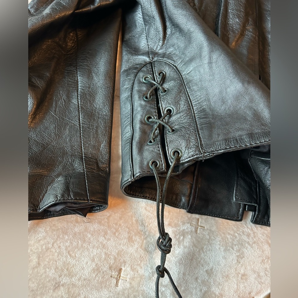 Black Women's Leather Jacket with Braided Detail - Picture 6 of 13